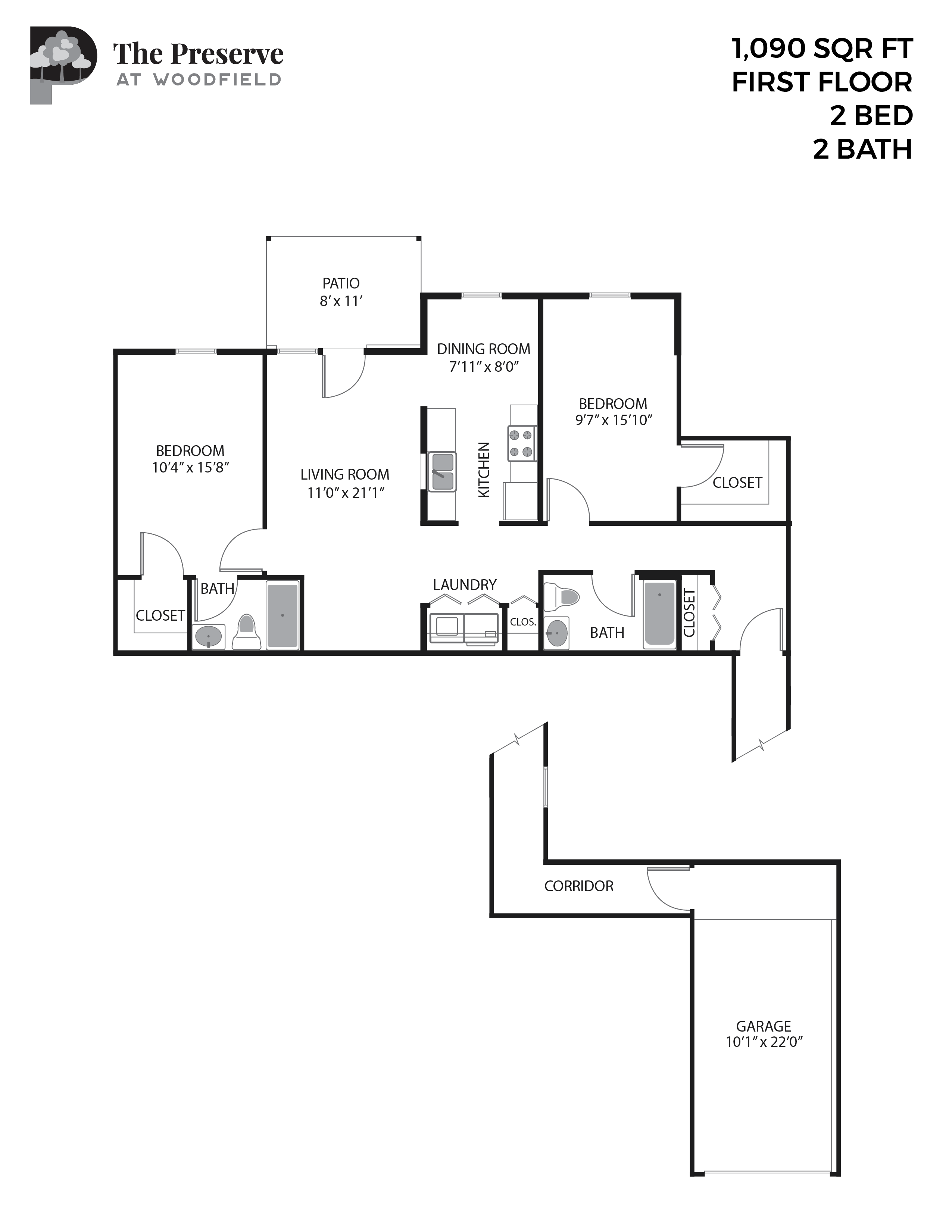Floor plan for 2 beds, 2 baths, 1090 sqft